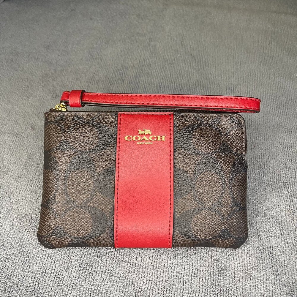 Coach Corner Zip Wristlet with Dark Signature Canvas and Red Trim